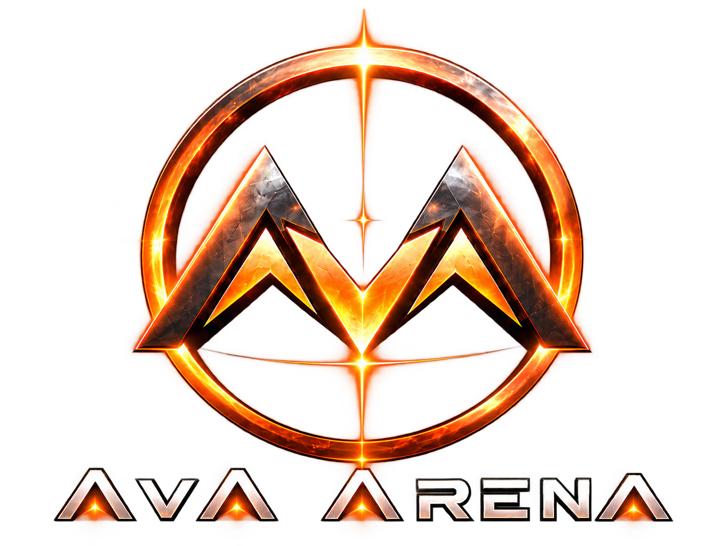 Approved primary AvA Arena logo, metallic monogram within orange circle above wordmark